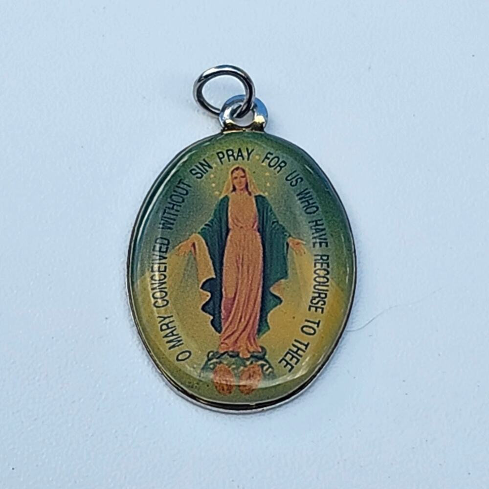 Miraculous Medal Virgin Mary Catholic Religious Pendant Charm Silver Tone 1.25in